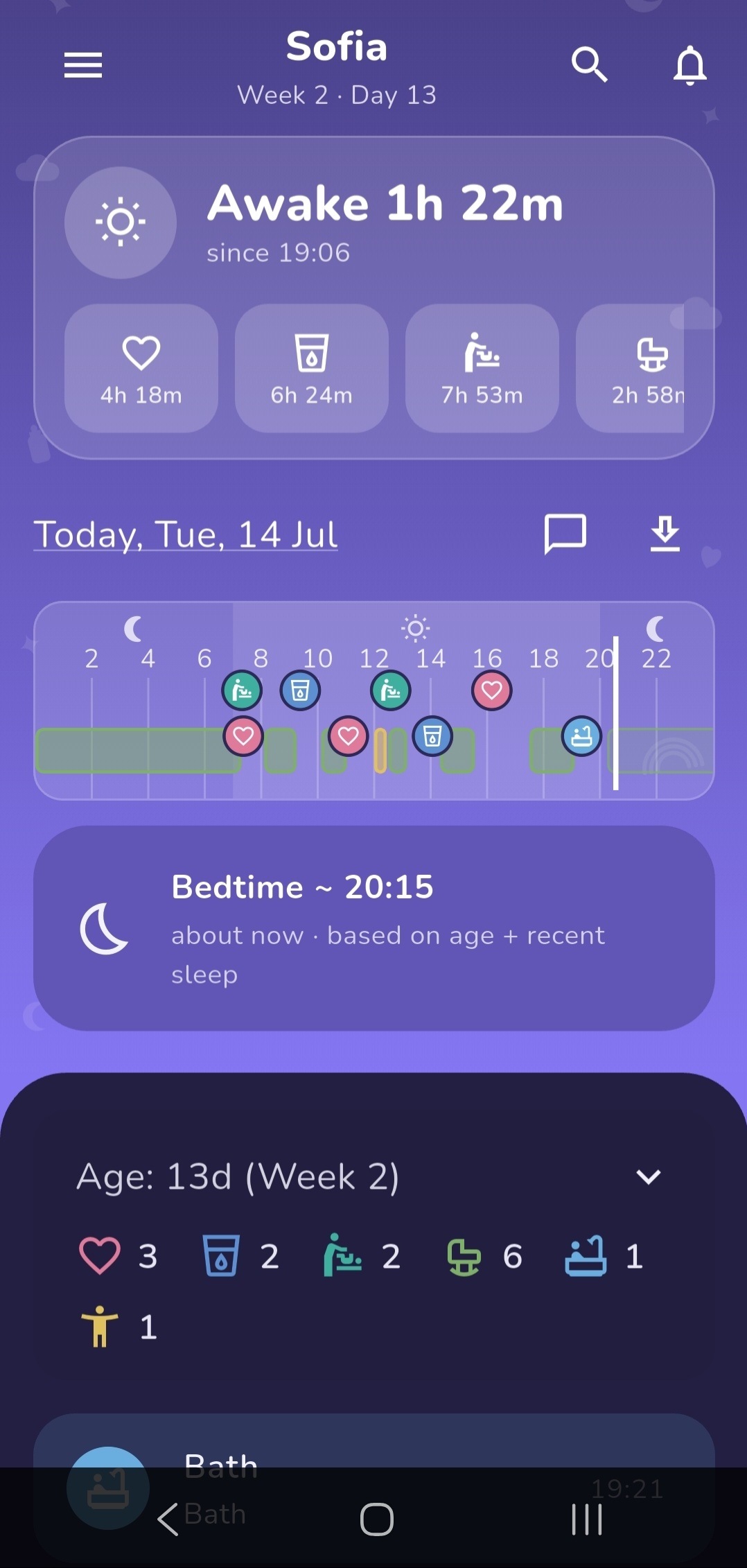 LittleSteps Home screen: awake timer, day timeline, bedtime prediction and activity log